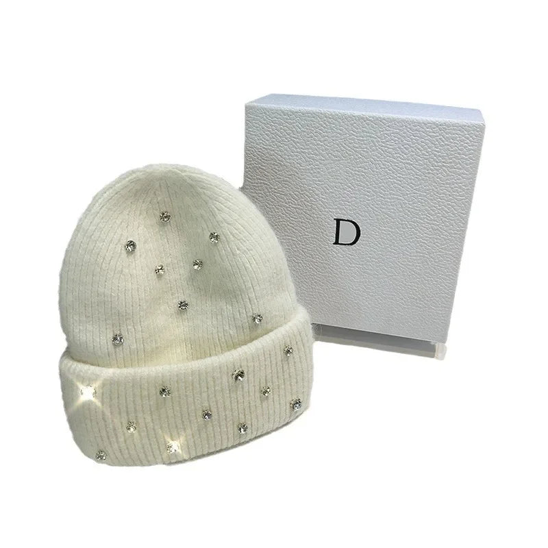 Luxury Rhinestone Beads Knitted Hat Korean Women Rabbit Fur Wool Skullies Cap Winter Fashion Thickened Warm Bonnet Beaanies Luxlife Brands