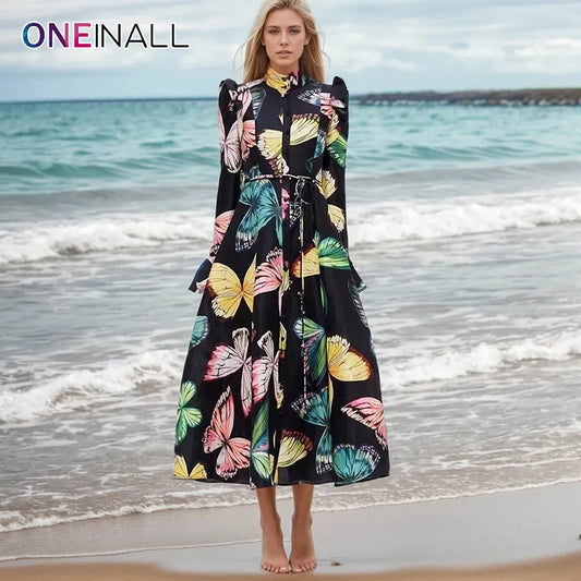 ONEINALL Colorblock Print Midi Dressses For Women Stand Collar Long Sleeve High Waist Patchwork Single Breasted Dress Female New