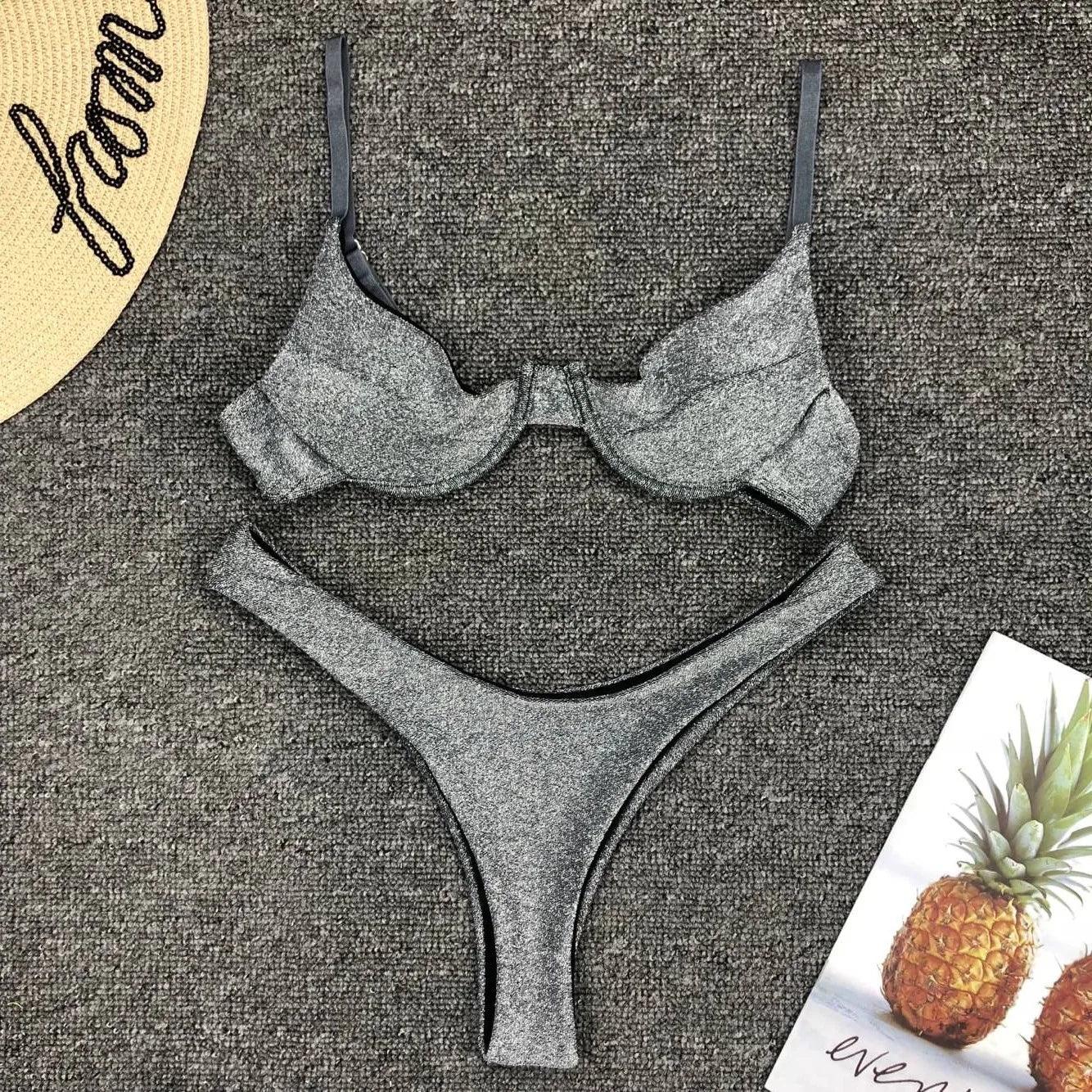 Sexy Silver Glitter Bikini 2022 Swimwear Women Push Up Cut Out Underwire Thong Swimsuit Summer Brazilian Bathing Suit Biquini LUXLIFE BRANDS