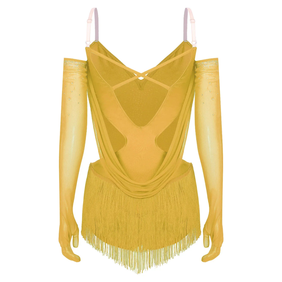 Sparkly Rhinestone & Tassel Fringe Dance Leotard with Gloves Two-Piece Stage Costume
