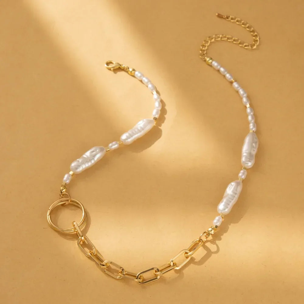 Romantic Trend Niche Irregular Imitation Pearl String Gold Plated O-Chain Splice Necklace Fashion For Women Ball Jewelry Gift LUXLIFE BRANDS