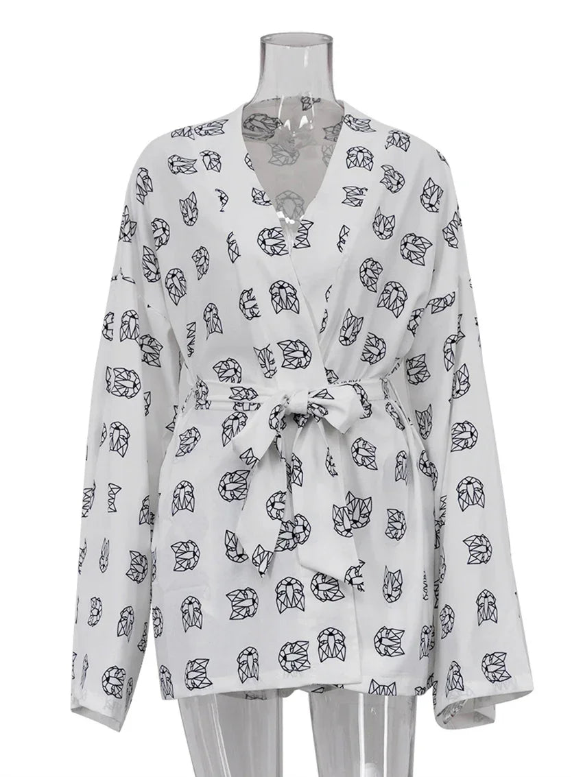 Marthaqiqi Sexy Sleepwear Suits With Shorts Pijama Print Nightwear Lace-Up Robes Women'S Nightgown Full Sleeve Women Pajama Set LUXLIFE BRANDS