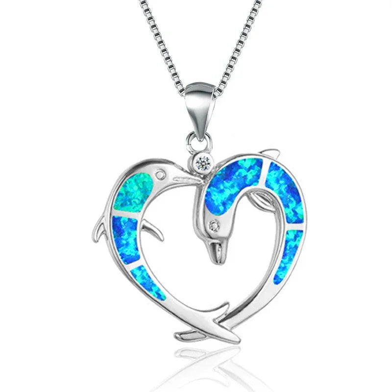 Boho Fashion Sea Animal Dolphin Pendant Necklace for Women Girl Inlay Imitation Blue Opal Necklace Wedding Party Jewelry