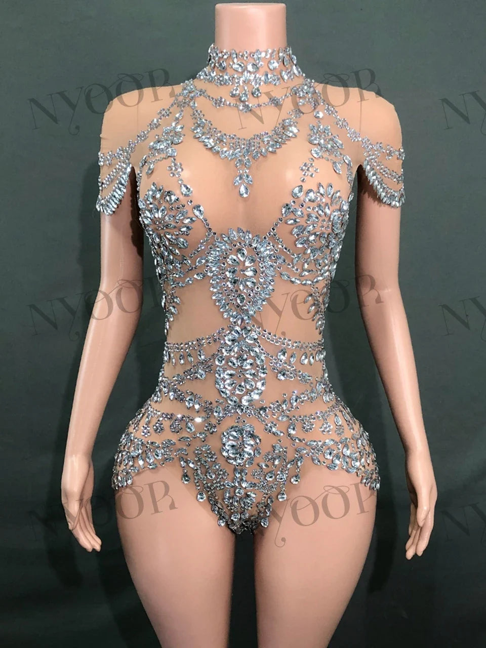 The Stardust Mirage Transparent Bodysuit – Luxury Rhinestone Mesh Stage Wear Leotard