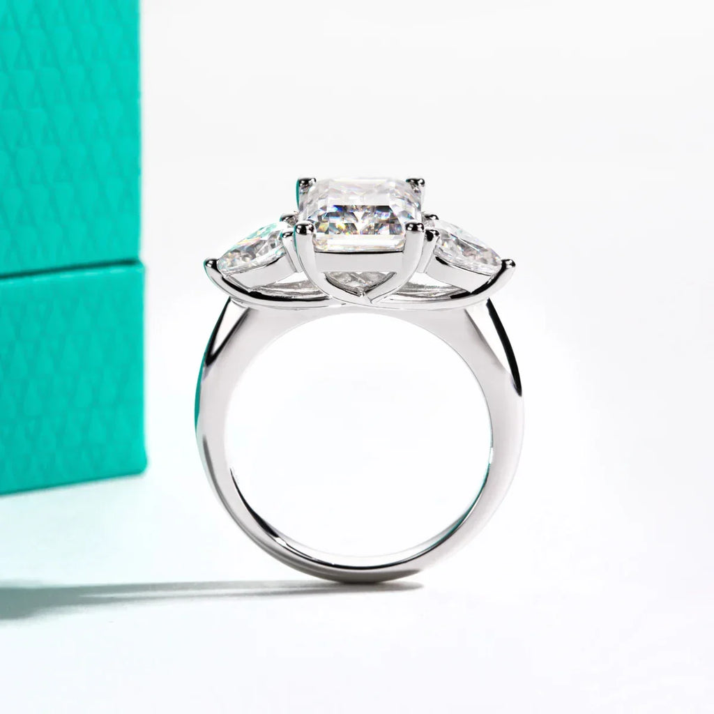 AnuJewel 4ct D Color Emerald Cut Moissanite & 0.5ct Pear Cut Engagement Ring 18K Gold Plated Ideal for Weddings Women's Gifts