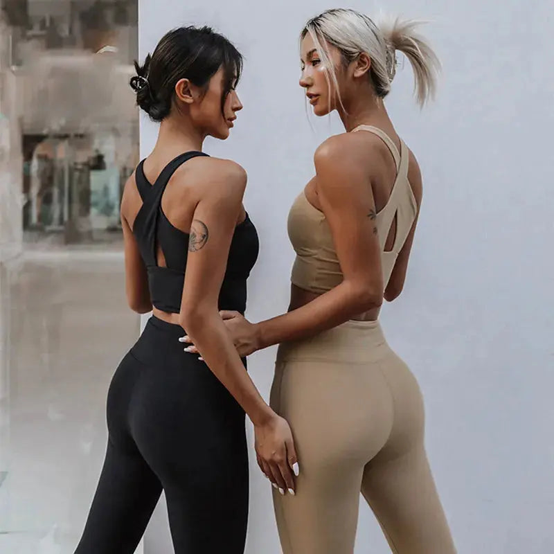 Women's 2-piece Sports Suit With Logo Two Piece Yoga Set Fitness Running Yoga Suit Seamless Leggings Front Cross Sexy Bra - LUXLIFE BRANDS