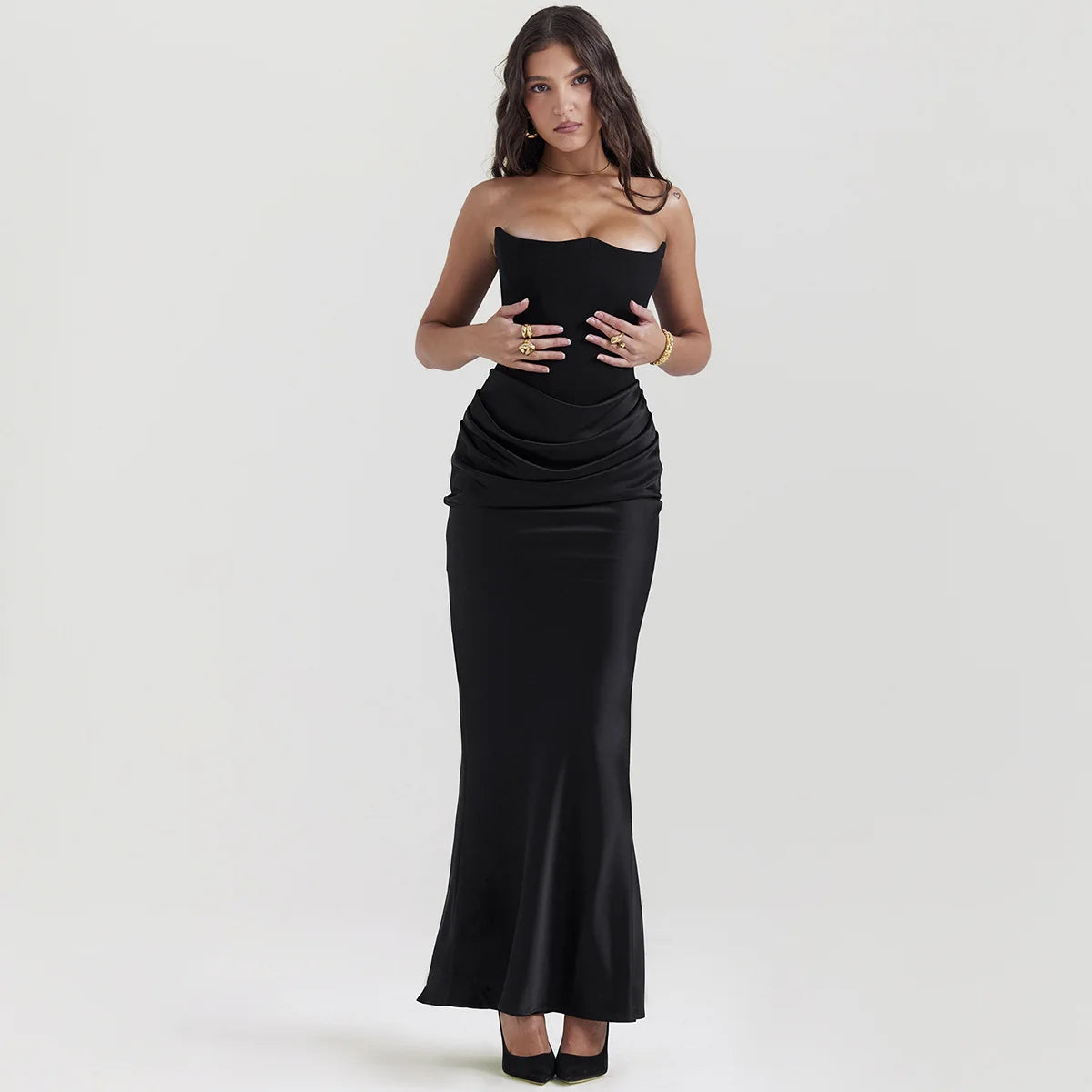 ICCLEK Velvet Strapless Pleated Patchwork Waist-Hugging Long Skirt For Occasion Vestidos Largos Party Dresses In Black