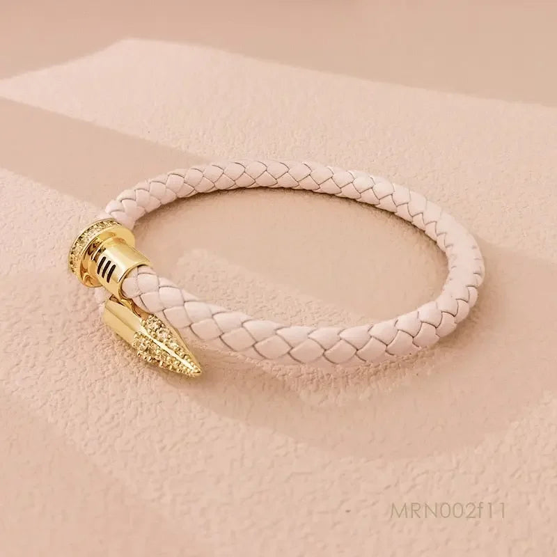 MOONLIGHT Genuine Braided Leather Bracelet for Woman High Quality Classic Cubic Zirconia Nail Bracelet Female Jewelry Gifts