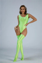 Women Candy Color Oil Glossy Elastic Bodysuit Bodycon Rompers One-piece Swimsuit Silky Tights Satin Backless Shaper Sexy Leotard Luxlife Brands