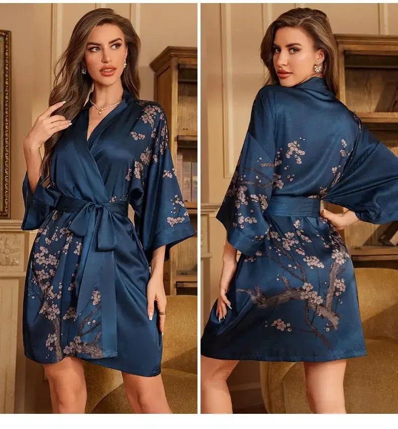 Female Robe Nightgown Summer Satin Sleepwear Loungewear Silky Printing Kimono Bathrobe Gown Yukata Sexy Casual Nightwear