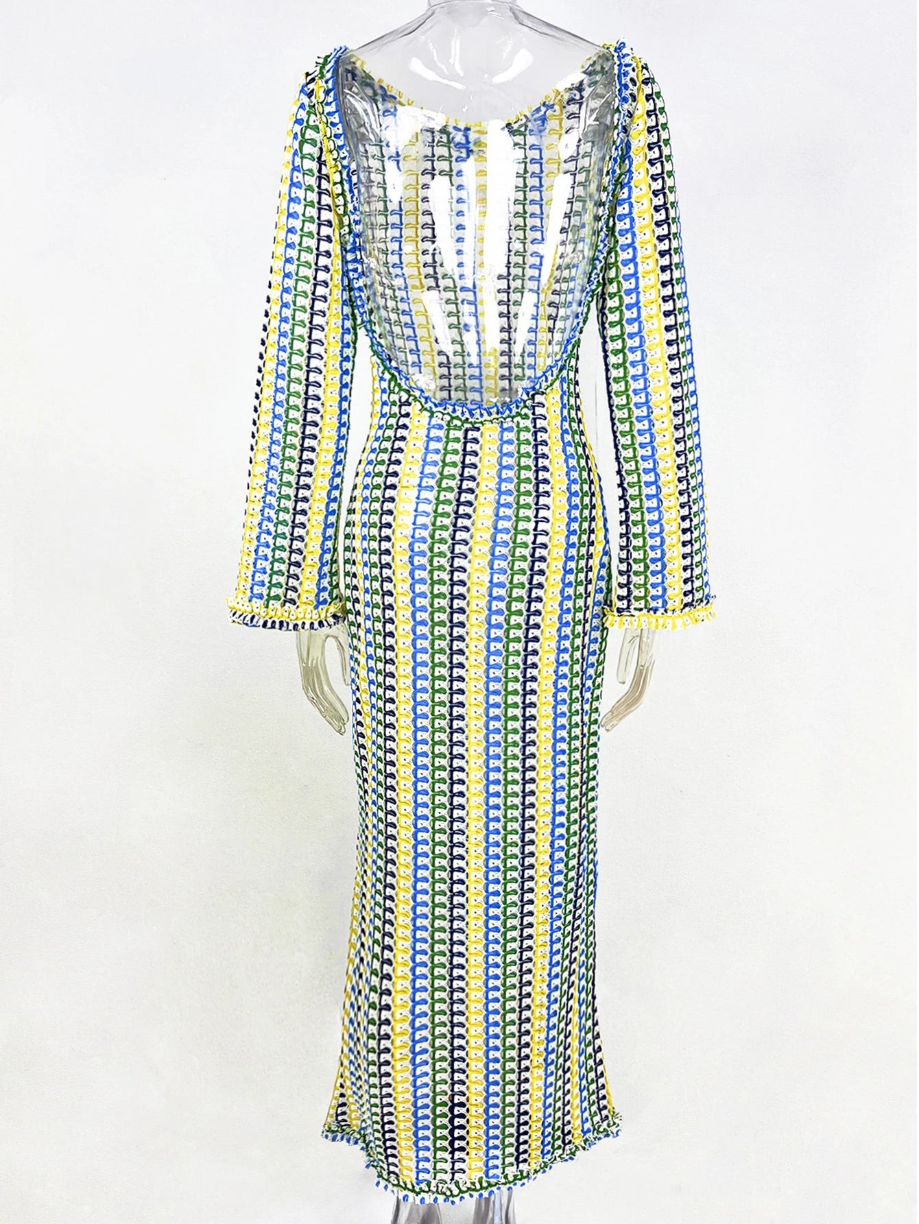 Sexy Backless Flare Sleeve Lace Knit Cut Out Party Beach Maxi Dress 2025 Summer Women Vacation Beachwear Swimsuit Cover Up A2815 Luxlife Brands