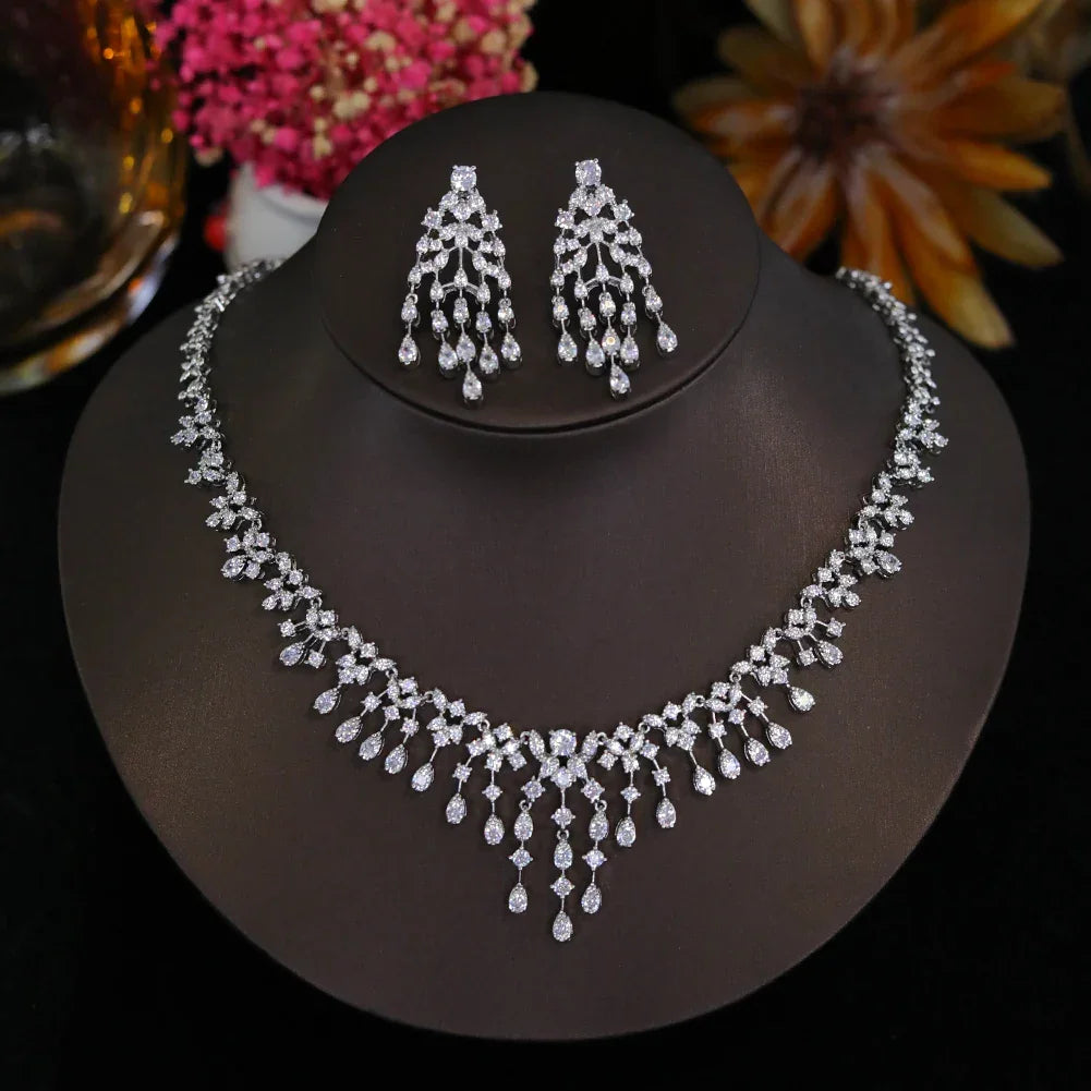 Luxury Cubic Zircon Necklace Earrings Bridal Sets
