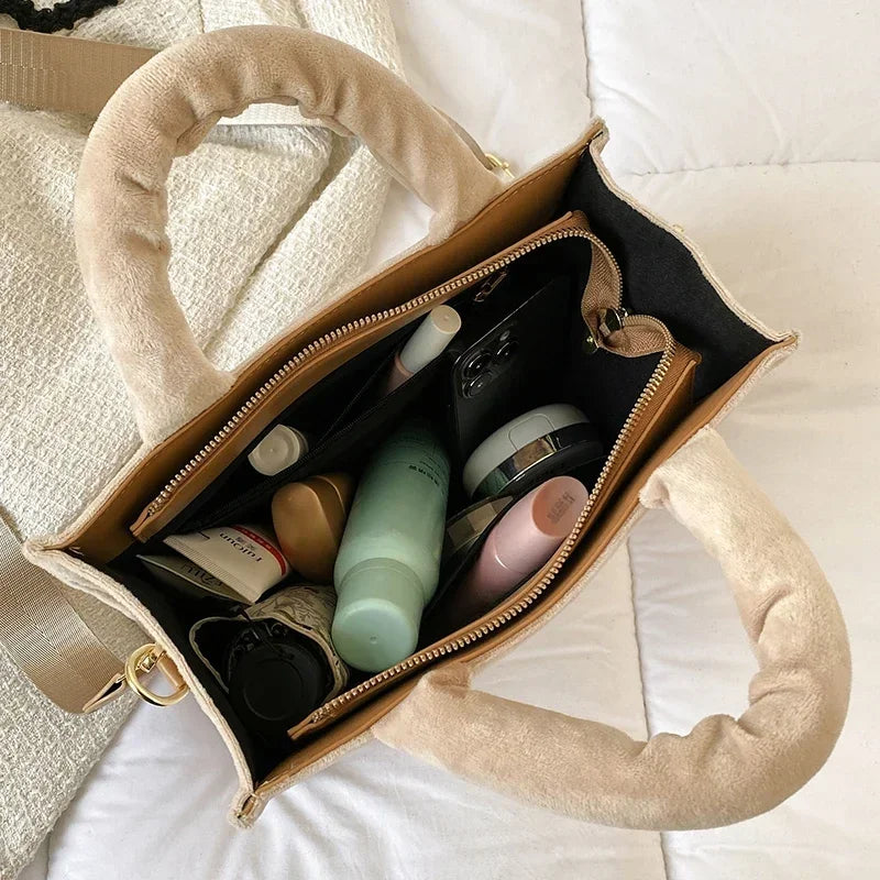 Female Square Tote Crossbody Bag Aesthetic Velour Elegant Letter Print Ladies Shoulder Bags Top Handle Women's Charisma Handbags LUXLIFE BRANDS