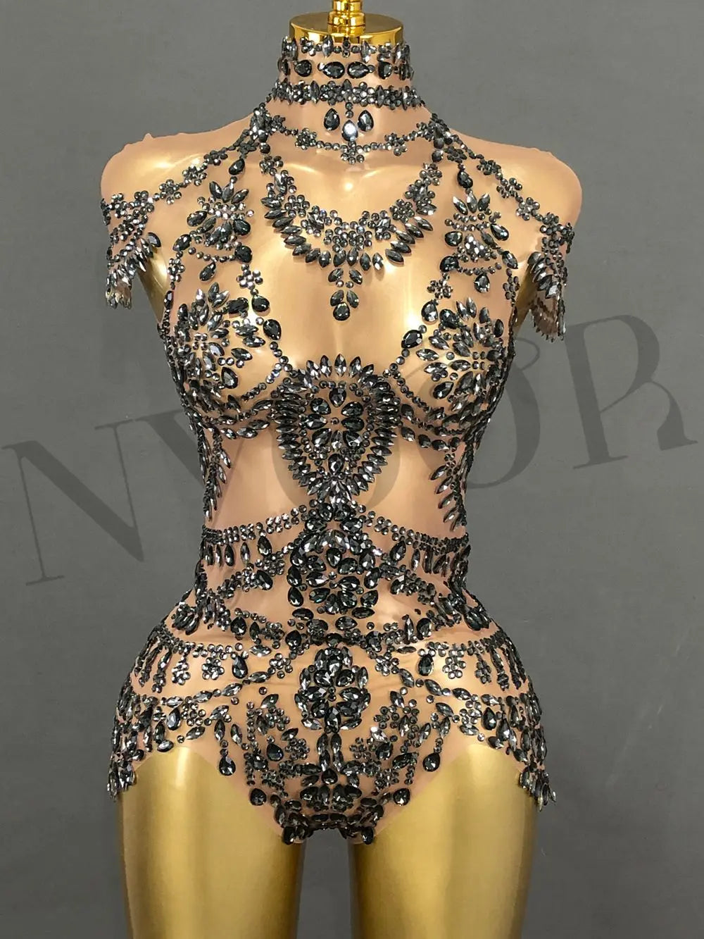 The Stardust Mirage Transparent Bodysuit – Luxury Rhinestone Mesh Stage Wear Leotard