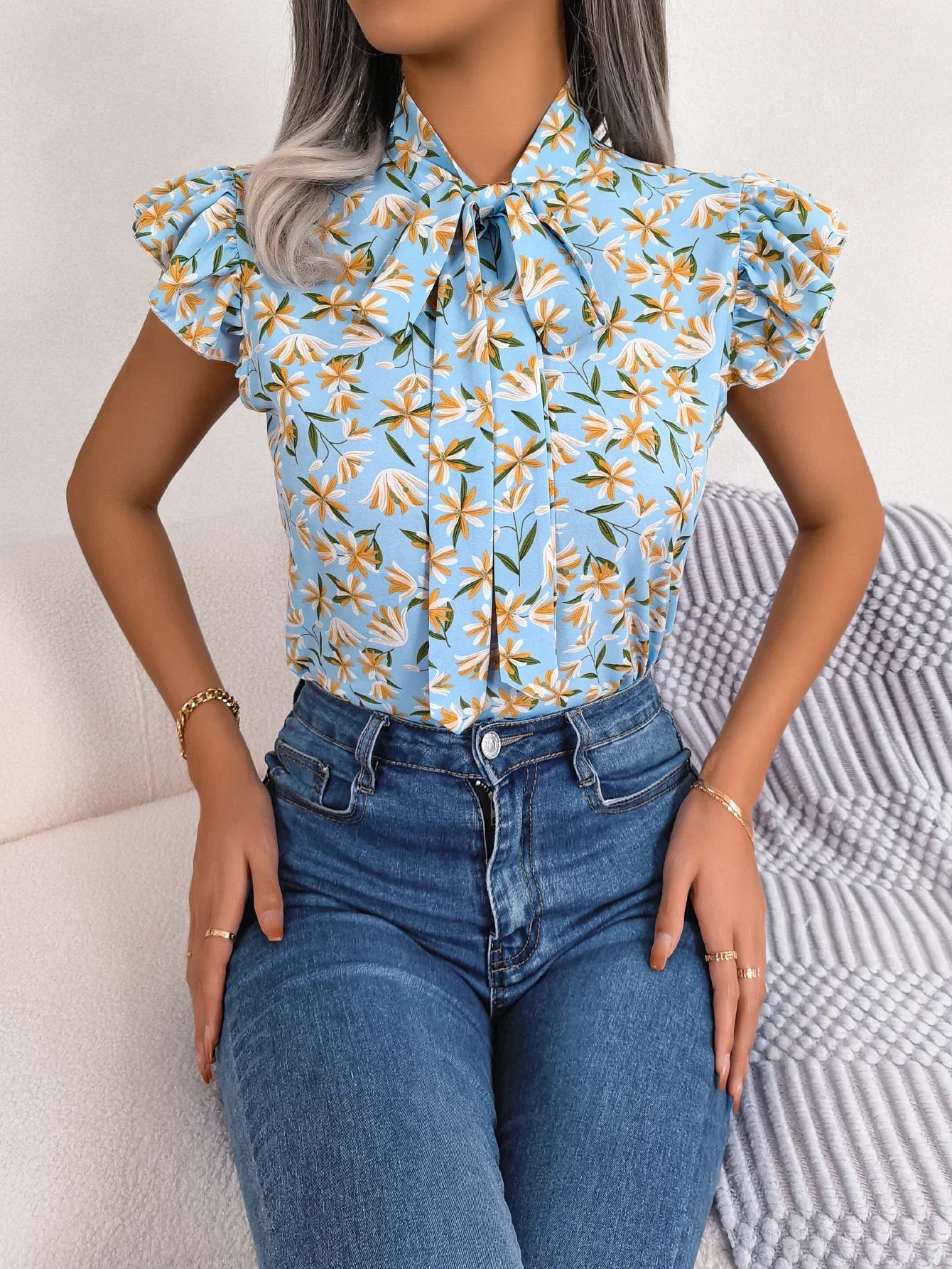 Women Casual Floral Print Bow Ruffles Chiffon Blouse Summer Top Luxlife Brands