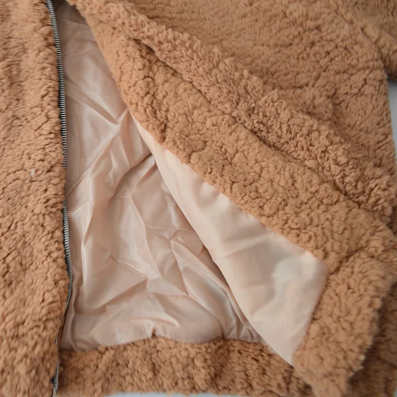 FMFSSOM Fashion Autumn Women Teddy Bear Fluffy Jacket Stand Collar Loose Plush Jacket Brown Solid Warm Outwear Faux Lamb Coats LUXLIFE BRANDS
