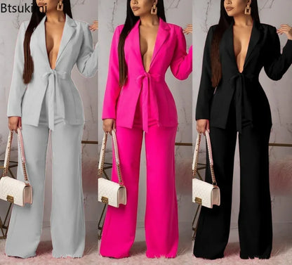 New 2024 Women's Formal Business Suit Sets Office Wear Two Piece Blazer Pants Sets Professional Woman Suit With Waist Tied Sets