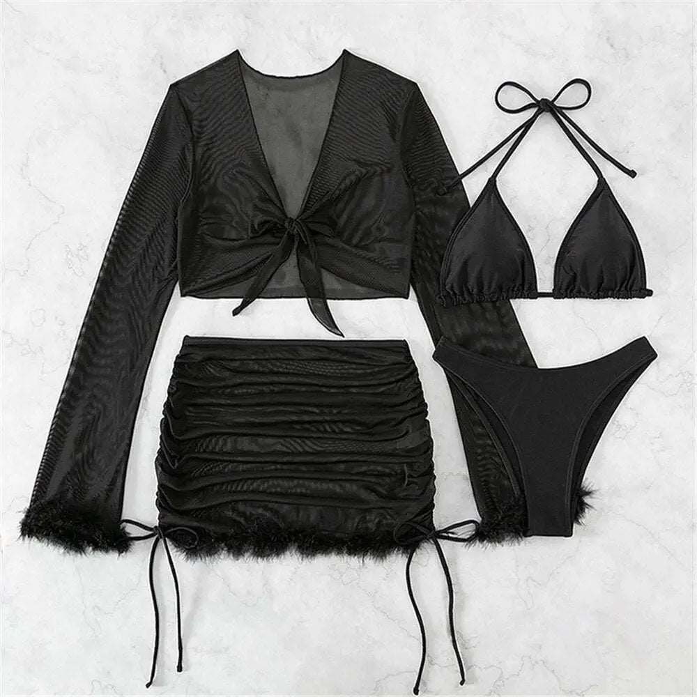 4-Pieces Sexy Black Bikinis With a Skirt 2023 Women Cover Up Long Sleeve Swimsuits Feme Halter Swimwear Summer Beachwear