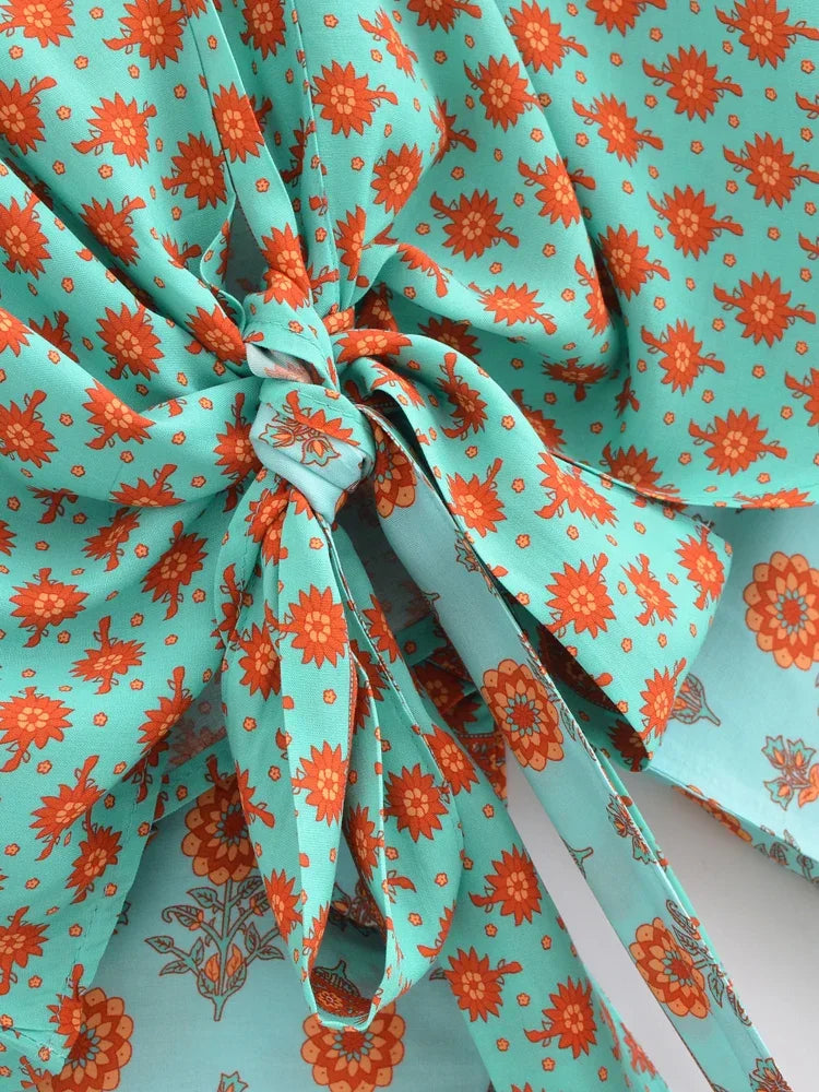 Vintage Green Floral Boho Kimono Short Beach Robe