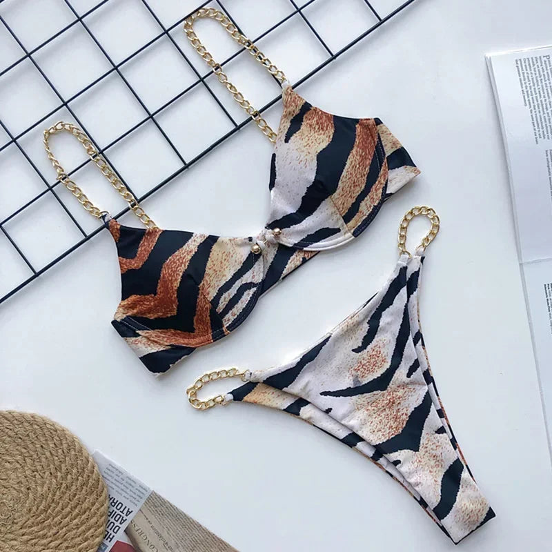Sexy Metal Chains String High Cut One Piece Swimsuit Women Swimwear Female Monokini Tummy Cut Out Bathing Suit Swim Beach Wear