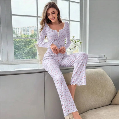 Women Floral Print Pajama Sets Long Sleeve Top +Pants Lovely Loungewear Set Female Home Clothes Elastic Waistband Nightwear Suit