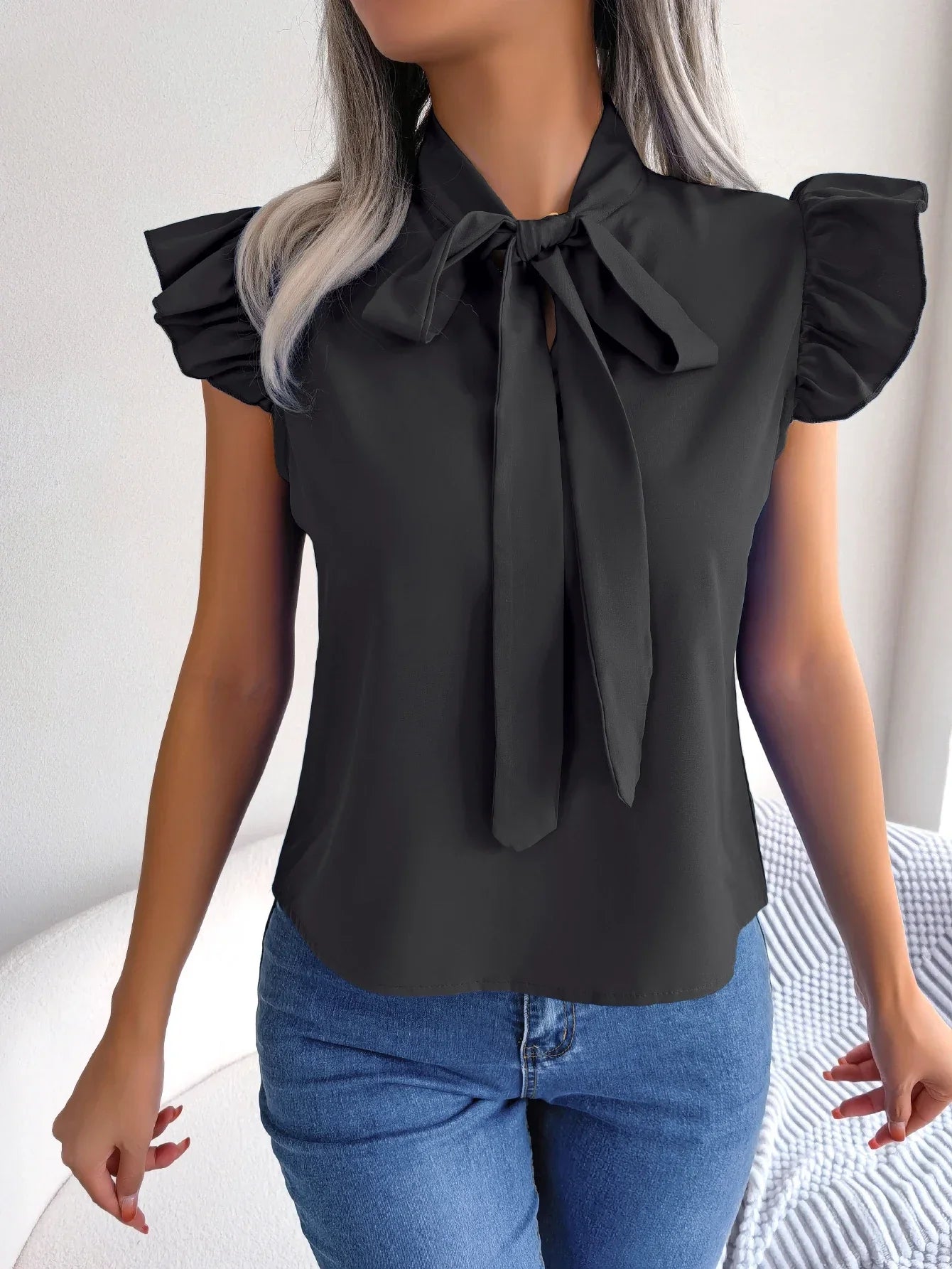 Women Summer Casual Bow Ruffle Short Sleeve Chiffon Blouse