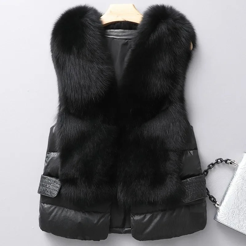 Leather and Fur Vest Women's Short Down Feather Imitation Fox Slim Temperament Jacket 23 New Autumn and Winter Fashion All-match LUXLIFE BRANDS
