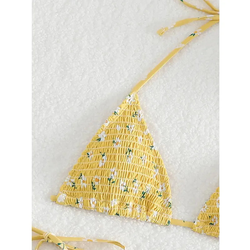 sexy tie halter floral wrinkled print micro bikinis set high waist thong Swimwear Biquini conjunto de bikini tankini beachwear