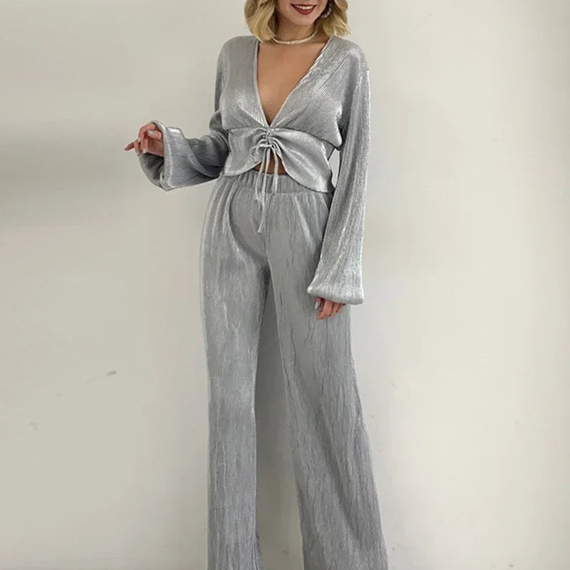 Luxury Bright Material Autumn Deep V Puff Sleeve Tops+Groups of Full Pants Sets Fashion Women Solid Loose Outfits Two Piece LUXLIFE BRANDS