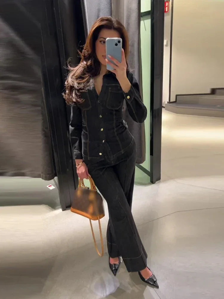 Street Vintage Denim Pants Sets Women Slim Long Sleeve Lapel Single Breasted Jacket Straight Trousers 2025 Spring Lady Outfits