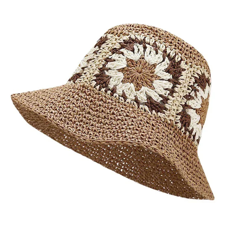 Women Sun Beach Crochet Flowers Hat Fisherman Hat Tourism Female Vacation Paper Straw Bucket Hat