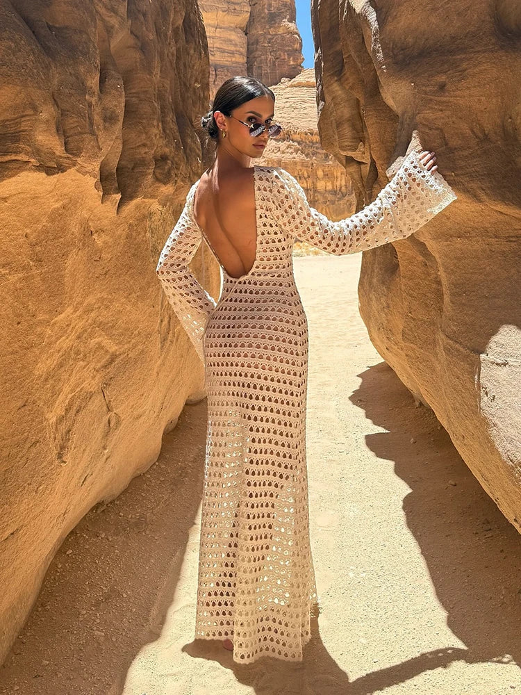 Sexy Knit Mesh Backless Long Bell Sleeve Beach Maxi Dress 2025 Women's Summer Slim Outfits Vacation Swimsuit Cover Up Tunic K205 Luxlife Brands