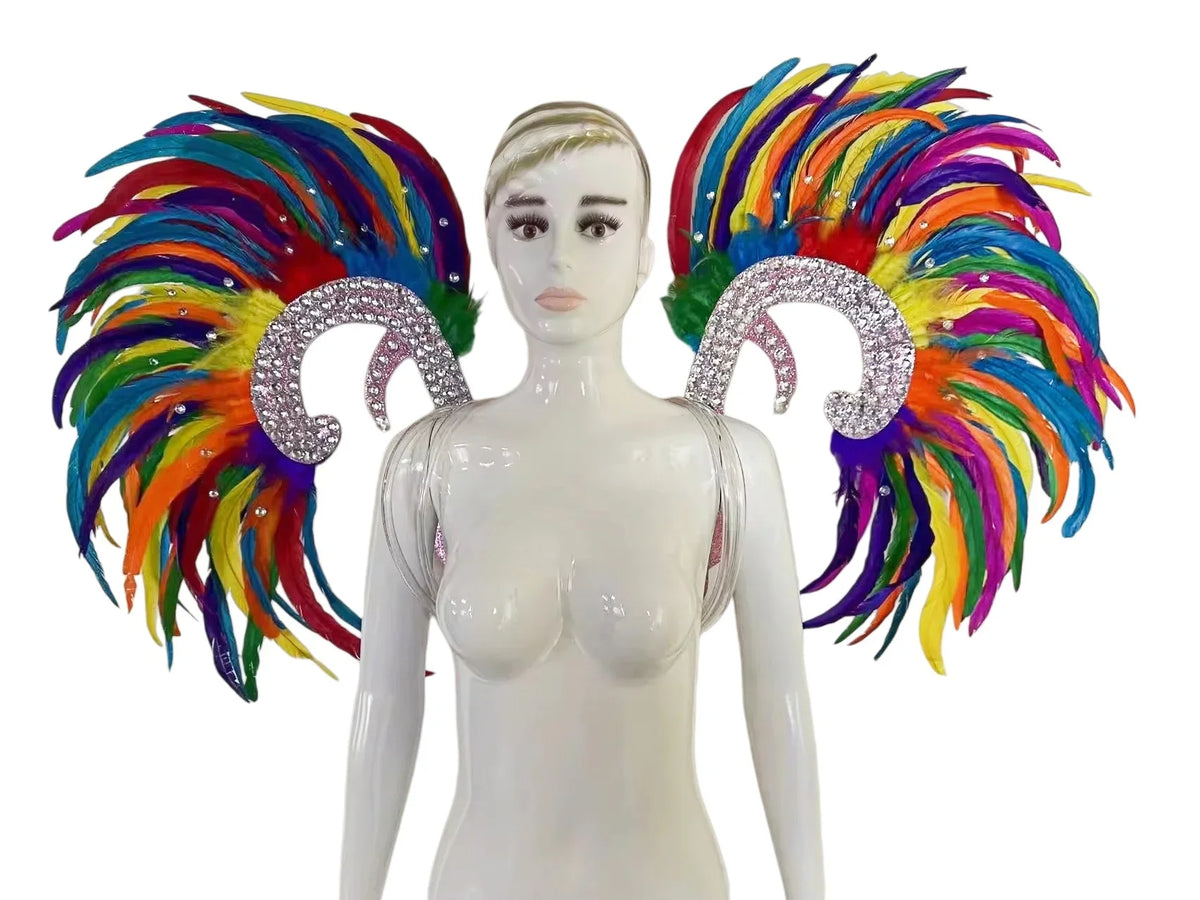 Showgirl Feather Wing Backpiece with Rhinestone Scroll Frames