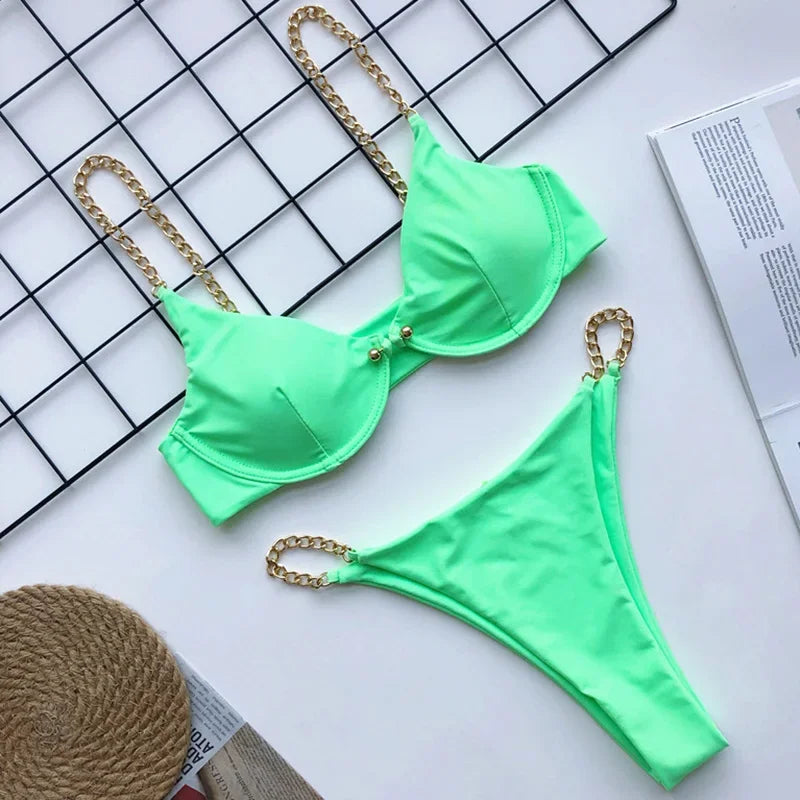 Sexy Metal Chains String High Cut One Piece Swimsuit Women Swimwear Female Monokini Tummy Cut Out Bathing Suit Swim Beach Wear Luxlife Brands