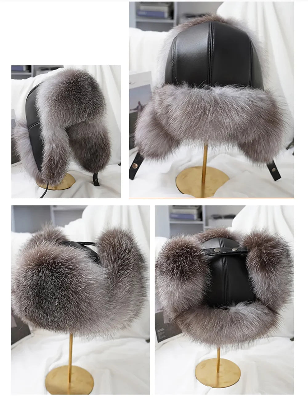 New Winter Men's 100% Real Silver Fox Fur Bomber Hat Raccoon Fur Ushanka Cap Trapper Russian Man Ski Hats Caps Real Leather LUXLIFE BRANDS