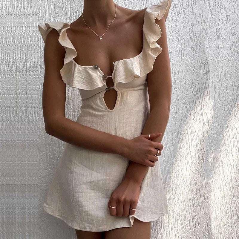 Summer Hollow Out Button Ruffles Short Dress Sexy V Neck Sleeveless Solid Color Dress New Holiday Beach Cotton Linen Mini Dress
