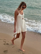 2025 Women Comfy Swimsuit Cover Up Seaside Holiday Club Dresses Sexy Crochet Halter V Neck Chic Ruffle Knit Beach Mini Dress K58 Luxlife Brands