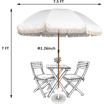 7.5Ft Patio Beach Umbrella with Fringe, UPF50+ with Push Botton Tilt & Crank