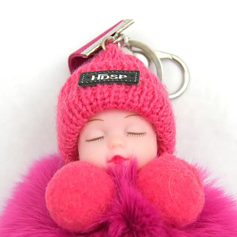 Pompom Sleeping Baby Keychain Cute Fluffy Plush Doll Keychains Women Girl Bags Keyrings Cars Key Ring Gift Charming Decoration LUXLIFE BRANDS