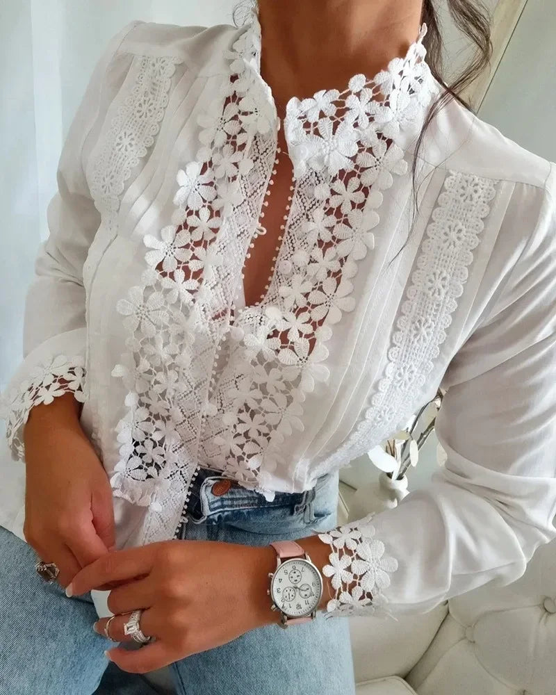 Fashion Woman Blouse 2024 Spring Floral Pattern Lace Patch Hollow-Out Long Sleeve Casual Stand Collar Plain Daily Top