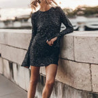 2023 Women Glitter Party Cocktail Party Dress Fashion Long Sleeve Backless Dress Temperament Elegant Sexy Sequined Evening Dress Luxlife Brands
