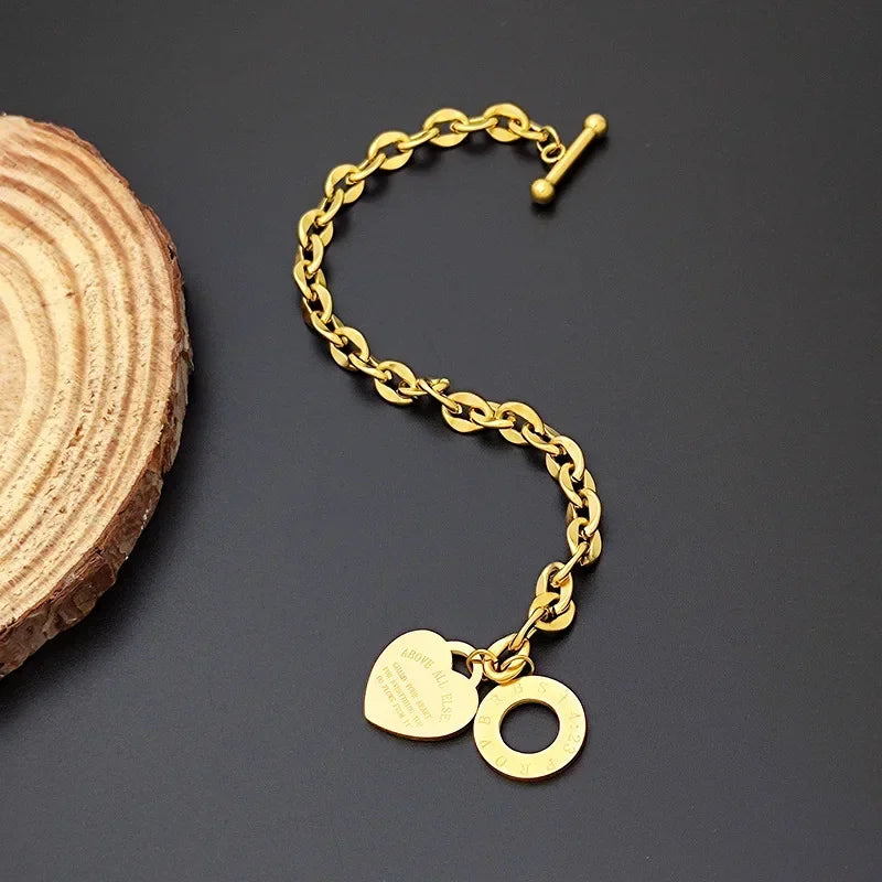 Korean Y2K Retro Stainless Steel Gold Plated Chain Heart Pendant Bracelet For Women Party Jewelry Set Beautiful Gifts LUXLIFE BRANDS