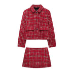HH Women Fashion Red Texture Skirt Sets Single Breasted Lapel Jacket Coat Side Zipper Shorts Skirts High Street Lady Outfit Luxlife Brands