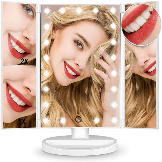 22 LED Light Vanity Mirror 1/2/3X Magnifying Cosmetic 3 Folding Makeup Mirrors 180 Rotation Stepless Dimmer Beauty Table Mirrors