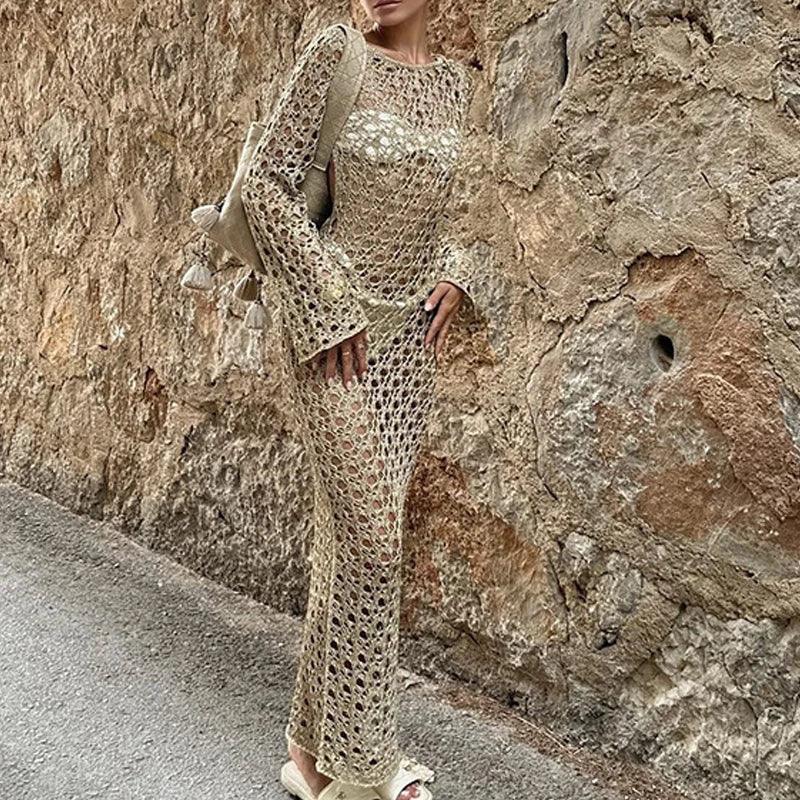 Women's Sexy Swimwear Cover Up Beach Crochet Covers Bikini Coverups Vacation Outfits with Mesh Sheer Maxi Dress For Beach Mujer