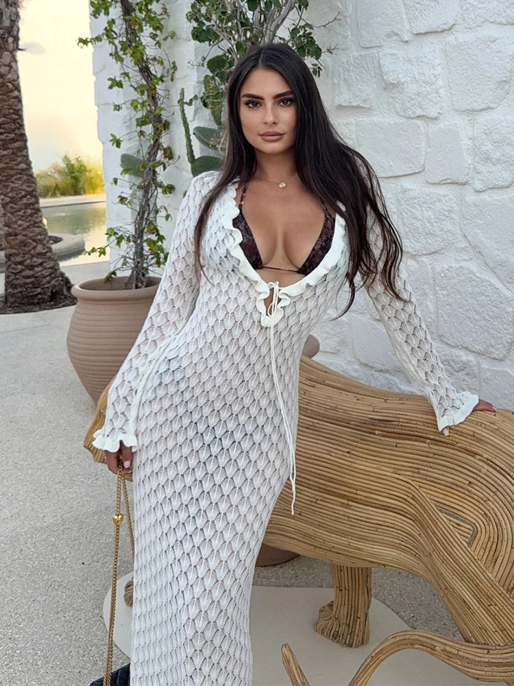 Sexy Frill Big V Neck Hollow Out Long Sleeve Maxi Dress Summer 2025 Feminine Swimwear Bikini Cover Up Women Holiday Outfits K221 Luxlife Brands