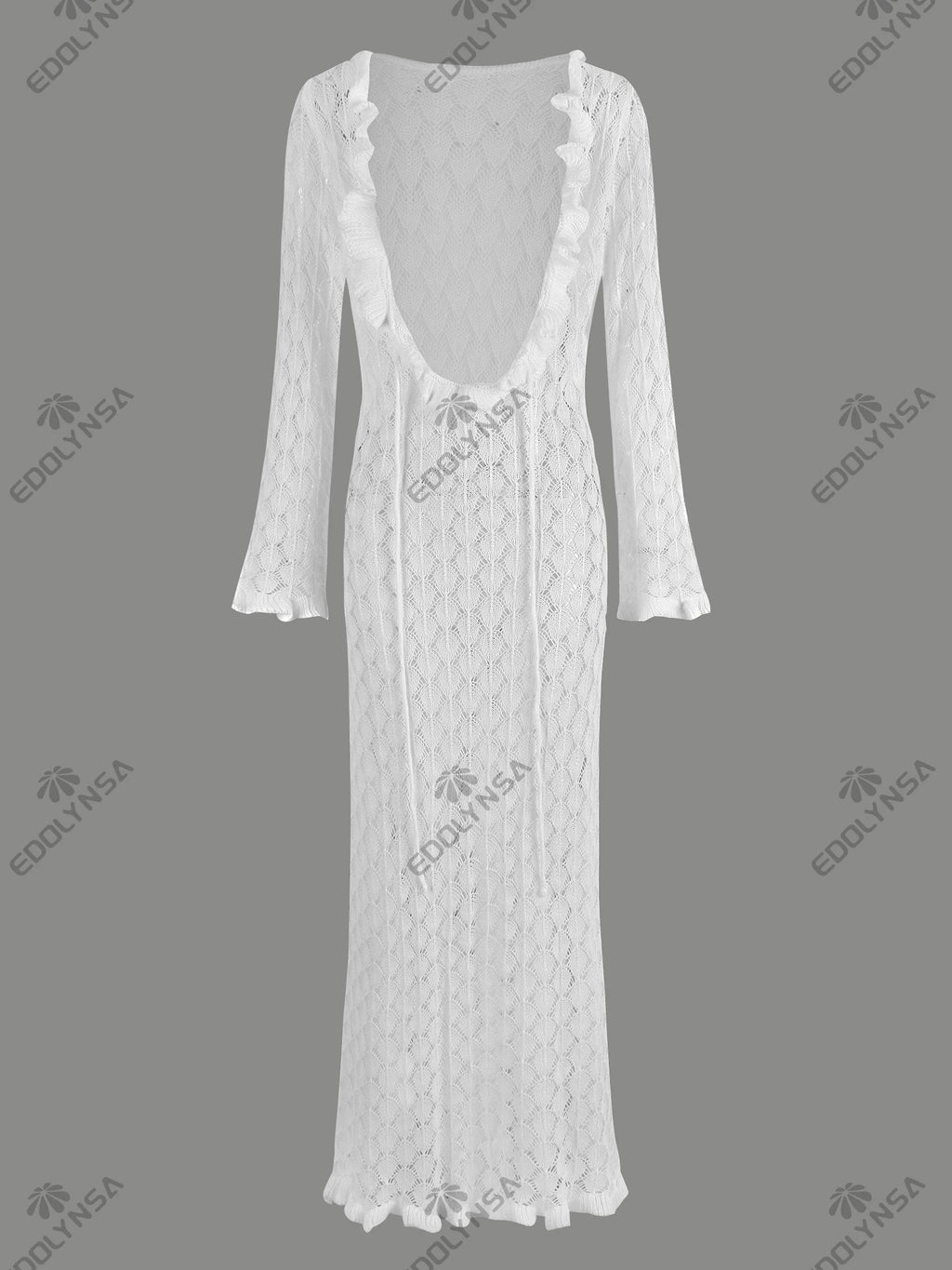 Sexy Frill Big V Neck Hollow Out Long Sleeve Maxi Dress Summer 2025 Feminine Swimwear Bikini Cover Up Women Holiday Outfits K221 Luxlife Brands