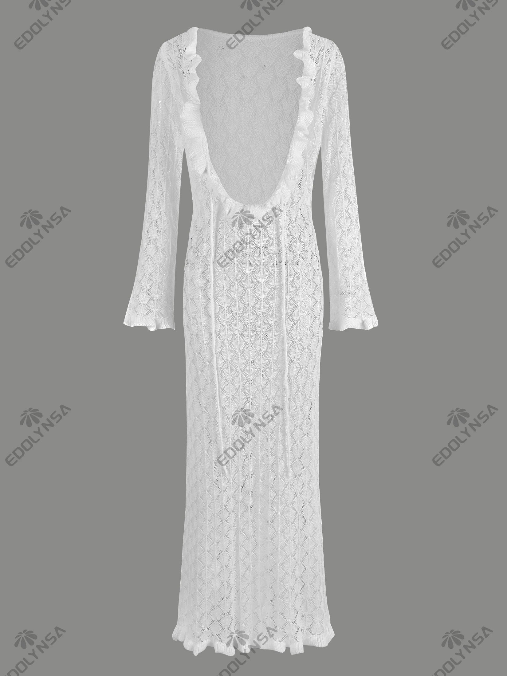 Sexy Frill Big V Neck Hollow Out Long Sleeve Maxi Dress Summer 2025 Feminine Swimwear Bikini Cover Up Women Holiday Outfits K221 Luxlife Brands