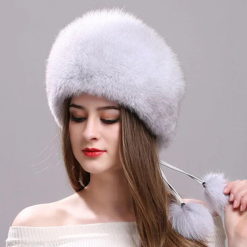 Real Fox Fur Hat for Women with Leather Top Mongolian Princess Hat with Pompom Winter Warm beanie Russian Cap Bonnets for Women LUXLIFE BRANDS