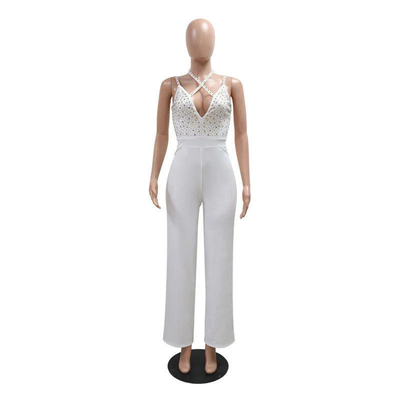 2024 New Fashion Women Sleeveless Lace Up Sexy Loose Wide Leg Jumpsuits White Straight Rhinestone Party Club Jumpsuit Rompers